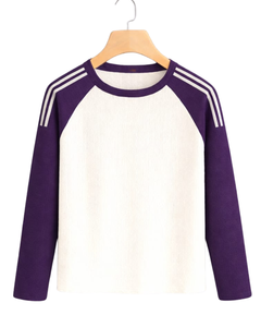 Custom Purple <b>White</b> Raglan Long Sleeve T Shirt Men Ribbed 100% Cotton Crew Neck Casual Baseball <b>Tee</b> OEM Manufacturer Supplier - Product Image 1