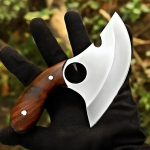 Hache à dépecer artisanale A&M Enterprises de style Ulu avec lame en acier poli, design à boucle pour le doigt et manche en bois de rose - Product Image 6
