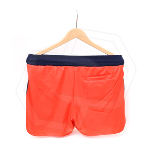 Shorts de sport pour hommes orange avec empiècements latéraux bleu marine, taille à cordon de serrage avec numéro, séchage rapide, taille mi-haute, longueur courte, qualité supérieure - Product Image 3