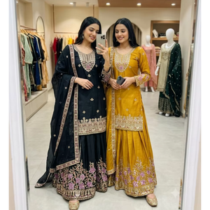 Ensemble de Soirée en Soie Chinon Luxueuse avec Broderies Ornées de Paillettes, Pantalon Palazzo Fluide et Dupatta Embellie (DD 1273) - Product Image 1