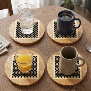 Handmade Wooden Coaster Set <b>Round</b> Modern Design Non-Slip <b>Mats</b> & Pads - Product Image 3