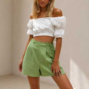 Shorts Oxford Verts Taille Haute pour Femme avec Cordon de Serrage Coupe Droite Couleur Unie Style Décontracté Respirant 100% Coton - Product Image 1
