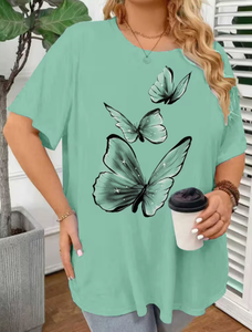 Plus Size Women's <b>Patchwork</b> Anti-Wrinkle O-Neck Pullover Short Sleeve 100% Cotton Casual Summer Knit - Product Image 1