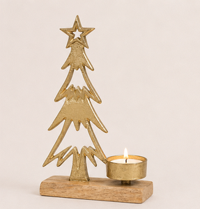 Luxury Gold Aluminum Christmas <b>Tree</b> Tea <b>Light</b> Holder With Premium Mango Wood Base For Holiday Table Centerpiece And Festive Home - Product Image 1