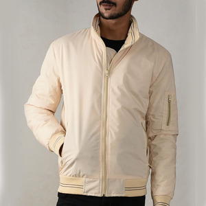 Chaqueta Bomber Beige para Hombre, Color Sólido, Cierre de Cremallera, Estilo Casual, Exterior de Poliéster, Corte Regular, para Otoño - Product Image 1