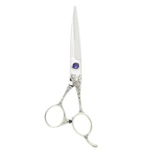 Ciseaux de coiffure professionnels en acier inoxydable, lame tranchante, pour droitiers, manche long avec design décoratif en pierre précieuse violette - Product Image 6