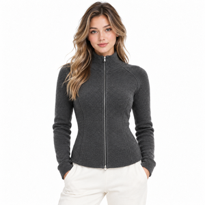 Chaqueta de Forro Polar para Mujer, Color Gris Carbón, Cierre Completo, Cuello Alto, Manga Larga, Transpirable, Tejida, Ajustada, para Invierno - Product Image 1