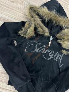 Women's Crop Top Velour Hoodie Custom Zip Up Women's Crop Velvet Fur Hoodie Custom <b>Zipper</b> And Rhinestones Logo - Product Image 5