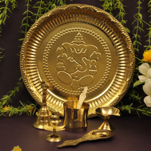 Ensemble de thali de prière Ganesha en laiton avec cloche, Diya, Panchapatra, cuillère et accessoires de Puja traditionnels pour le temple domestique - Product Image 5