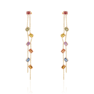 Pendientes Largos Colgantes de Oro Amarillo Real de 14K con Diseño Exquisito y Elegante, Bisel de Piñón y Cadena de Doble Eslabón con Múltiples Zafiros - Product Image 1