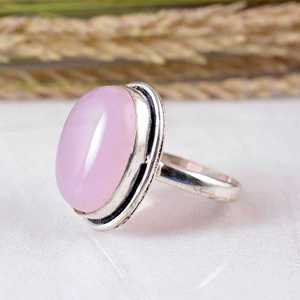 Minimalist Boho & Hippie Oval Bezel Setting Rose <b>Quartz</b> Pink Solid 925 Silver Dainty Adjustable Unisex Wedding <b>Ring</b> - Product Image 3