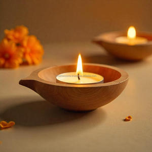 Portavelas de Diwali de madera de acacia hecho a mano de primera calidad para decoración festiva, centro de mesa rústico, agrega brillo cálido y ambiente elegante - Product Image 3