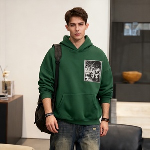 Sudadera con Capucha Extra Grande para Hombre, Color Verde, con Bolsillo Frontal Estampado, Informal, de Algodón French Terry, para Otoño - Product Image 3