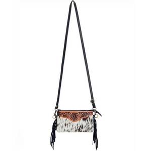 Handcrafted Western Tooled Leather & <b>Woolen</b> Aztec Print Wristlet Clutch Bag with Fringe Tassels - Product Image 1