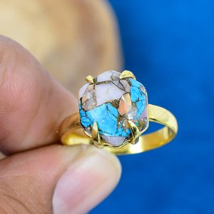 Natural Pink Opal Copper Turquoise Hexagon Shape Gemstone <b>Ring</b> 18k Gold Micron Over <b>925</b> Sterling <b>Silver</b> - Product Image 2