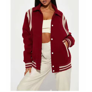 Chaqueta Universitaria Roja para Mujer, Informal, con Botones al Frente, Cuello Camisero, Material de Felpa, para Otoño, Unisex, Corte Holgado - Product Image 1