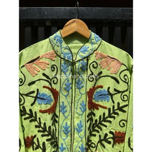 Light Green Cotton Embroidered Jacket Mandarin Collar Full Sleeve Floral Pattern Handmade <b>Spring</b> Wear <b>Women's</b> - Product Image 4