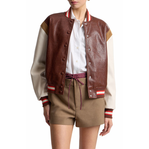 Veste universitaire en cuir véritable pour femme avec manches contrastées et col boutonné, style automne - Product Image 4