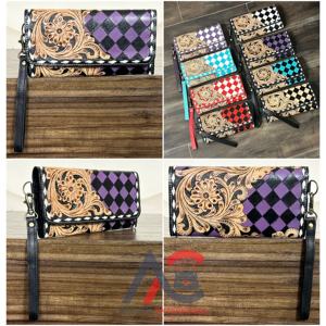 Portefeuille pour femme en cuir de vachette fait main, motif floral sculpté et à carreaux, élégant, pour usage quotidien – Achat en gros usine OEM/ODM - Product Image 1