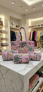 Elegant Quilted Cotton <b>Tote</b> <b>Bag</b> <b>with</b> Perfectly Matched Toiletry Pouches Lightweight Canvas Lining Zipper Closure Summer Shopping - Product Image 3