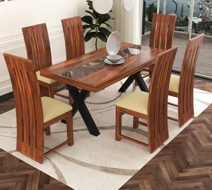 Modern Solid Wood Dining <b>Table</b> Set 6 Seater with Glass Top | Premium Sheesham Wood Dining Room Furniture | Jodhpur Handicraft - Product Image 2