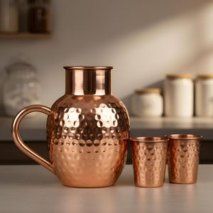 Handcrafted Cylindrical Hammered Pure <b>Copper</b> Water Jug Pitcher Set with Brass Finial <b>Knob</b> Lid & 2 Glasses - Product Image 5