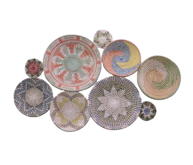 Boho Basket Set da parete di 9 cestini e sottopentole intrecciati in Rattan e Seagrass collezione istantanea