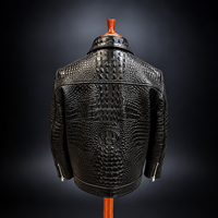 Veste de moto en cuir de crocodile véritable MH, noire, style motard, coupe ajustée, col rond, coupe-vent