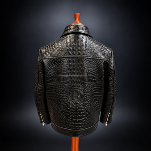 Veste de moto en cuir de crocodile véritable MH, noire, style motard, coupe ajustée, col rond, coupe-vent - Product Image 4