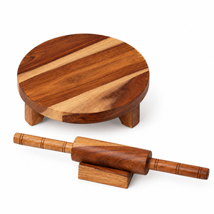 Handcrafted <b>Wooden</b> Roti Chakla Belan Set with Round Serving Board and <b>Rolling</b> Pin <b>Holder</b> - Product Image 6