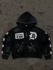 Sudadera con capucha retro desgastada con cremallera para hombre, estilo oversize, lavada, streetwear, diseño gráfico patchwork, venta al por mayor personalizada - Product Image 2