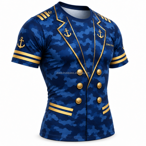 เสื้อยืดพิมพ์ลายทั้งตัว 100% โพลีเอสเตอร์ ออกแบบชุดกัปตันเรือ 3 มิติ สำหรับผู้ชาย เสื้อยืดปาร์ตี้ล่องเรือสุดฮา ขายส่ง รับทำโลโก้ OEM - Product Image 4
