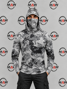 Sudadera con Capucha de Pesca para Hombre MAW, Color Gris Camuflaje, Protección Solar UPF 50, Camisa de Manga Larga Anti-UV con Cubre Rostro - Product Image 1