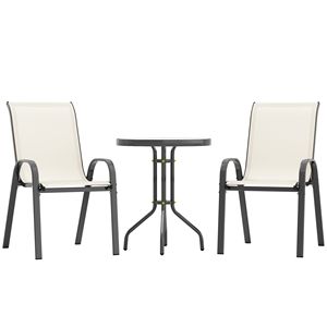 Set Bistrot 3 Pezzi con Sedie Impilabili Beige e Tavolo in Vetro, Set di Mobili da Esterno per Cortile e Balcone, per Ospedali, Ordine Minimo 1 Set - Product Image 1