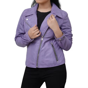 Chaqueta de Motociclista de Cuero Sintético Morado para Mujer, Chaqueta de Moda con Cierre y Cuello Camisero - Product Image 1