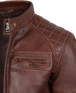 Chaqueta de Motociclista de Cuero Genuino para Hombre, Cierre de Botones, Color Marrón Sólido, Largo Regular - Product Image 5