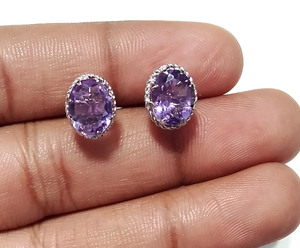 Pendientes de Plata de Ley 925 con Amatista Ovalada para Mujer, Joyería Certificada de Moda, Regalo - Product Image 2