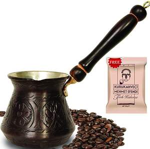 Auténtica Cafetera Turca Cezve, Herramienta para Preparar Café de Oriente Medio, Construcción Metálica Grabada, Asa Tradicional, para Preparación en Estufa - Product Image 1