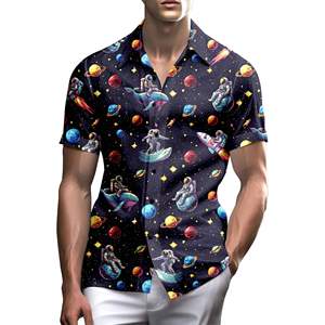 Camisa Aloha de punto con estampado neón hawaiano divertido para hombre, transpirable, con botones, 100% poliéster, manga corta, para verano, con estampado brillante. - Product Image 5