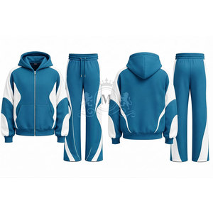 Custom Logo Blue White Color Blocking Tracksuit 100% Set Full <b>Zip</b> <b>Hooded</b> 450 Gsm Sweatshirt Pants - Product Image 5