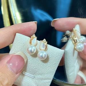 Tulip Sea Shell and S925 Silver <b>Dangle</b> <b>Earrings</b> with Ear Needles 7-8mm Freshwater Pearl <b>Fine</b> Jewelry - Product Image 1