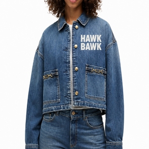 Women's Autumn Washed <b>Denim</b> <b>Jacket</b> Modern Fashion With Hawk Bawk Print Full Sleeve Turn-down Collar Autumn Style <b>Custom</b> Design - Product Image 1