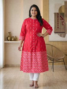 Kurta de Maternidad con Estampado Ikat Rojo, Cuello Mandarín, Mangas Tres Cuartos, Cómoda para Usar, Conjunto de Kurti para Mujer - Product Image 5