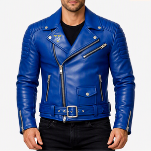 Chaqueta de Motociclista de Cuero Genuino Azul para Hombre, Transpirable, para Invierno, con Cierre de Cremallera y Cinturón en la Cintura, Estilo Motero - Product Image 2