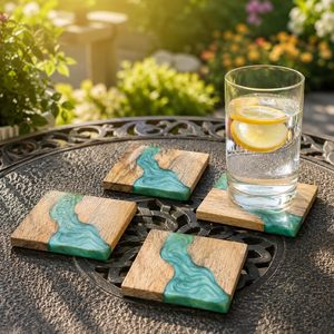 Handmade <b>Wood</b> Resin Coasters Green River Design Modern Non-Slip Durable Square <b>Table</b> <b>Mats</b> for Hotels - Product Image 1