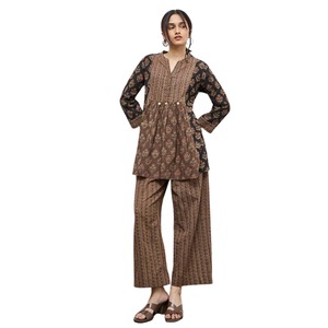 Wholesale Women's Ethnic Floral Printed Cotton Kurti Pant Set <b>Long</b> <b>Sleeve</b> <b>V</b>-<b>neck</b> Boho Tunic <b>Top</b> Loose Fit Wide Leg Trousers - Product Image 1