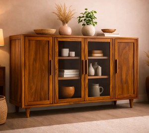 Wholesale Mid Century Modern Solid Wood <b>Sideboard</b> 4 Door Glass Buffet Cabinet Dining Room Credenza | Pindel Handicraft - Product Image 1