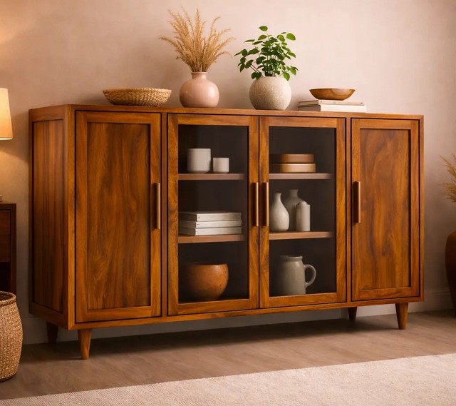 Wholesale Eco-Friendly Mid Century Modern Solid Wood Sideboard with Metal Handles Easy Assembly 4 Doors & Glass | Pindel