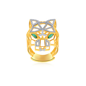 Designer Tiger Head <b>Ring</b> with Diamond Pavé and Green Gemstone Eyes Yellow Gold Animal Statement <b>Ring</b> Luxury Fine Jewelry <b>Man</b> - Product Image 1