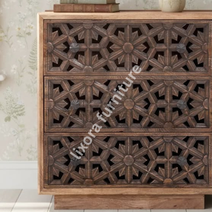 Luxury Handcrafted Solid Wood 3 Drawer Dresser Ornate Geometric Lattice Carving <b>Rustic</b> Teak Finish - Product Image 2